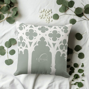 Minimalist Gothic Window Calligraphy Pale Olive Cushion