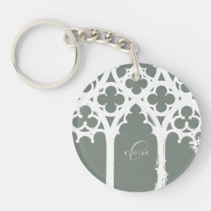 Minimalist Gothic Window Calligraphy Sage Green Key Ring