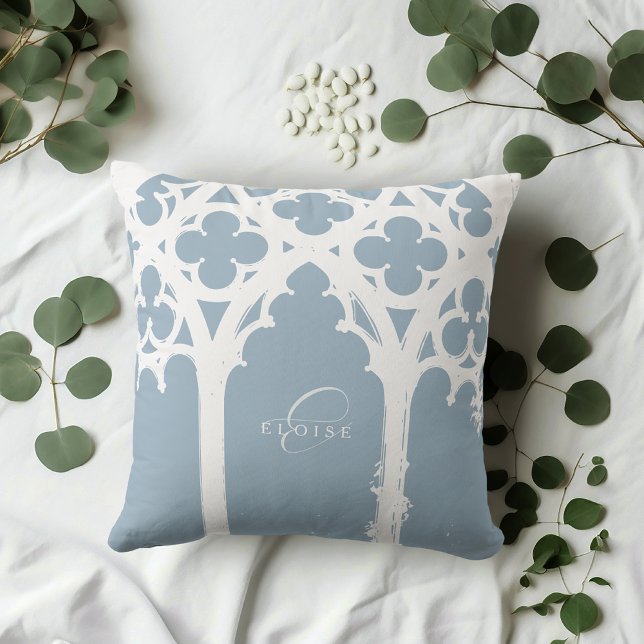 Minimalist Gothic Window Calligraphy Soft Blue Cushion (Creator Uploaded)