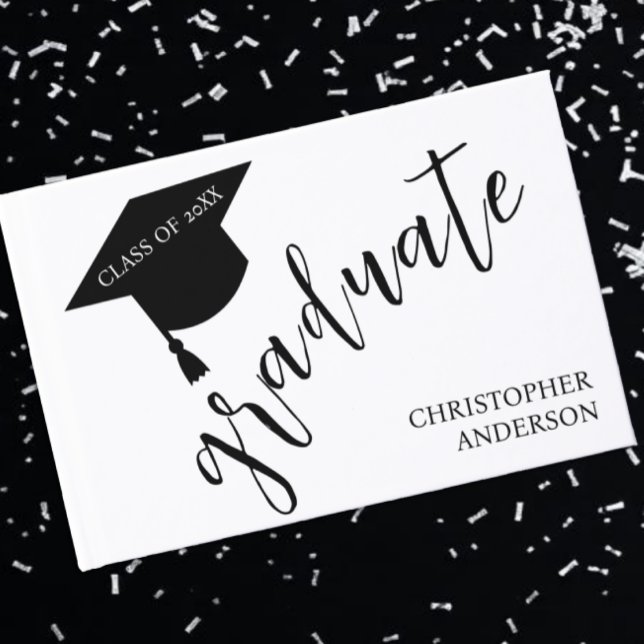 Minimalist Grad Cap Black & White Graduation Guest Book (Creator Uploaded)
