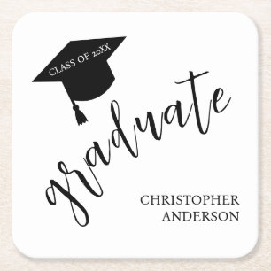 Minimalist Grad Cap Black & White Graduation Square Paper Coaster