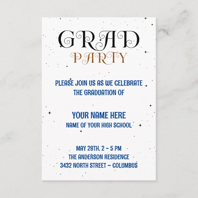 Minimalist Grad Party Blue Black & White Script Enclosure Card (Front)