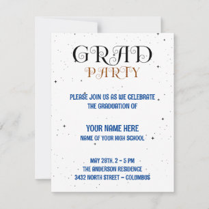 Minimalist Grad Party Blue Black & White Script RSVP Card