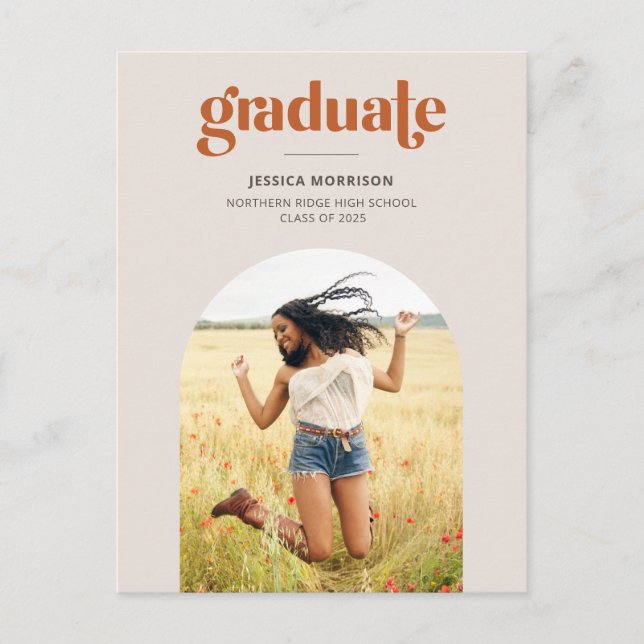 Minimalist Graduate Arched Photo Graduation Party Postcard (Front)
