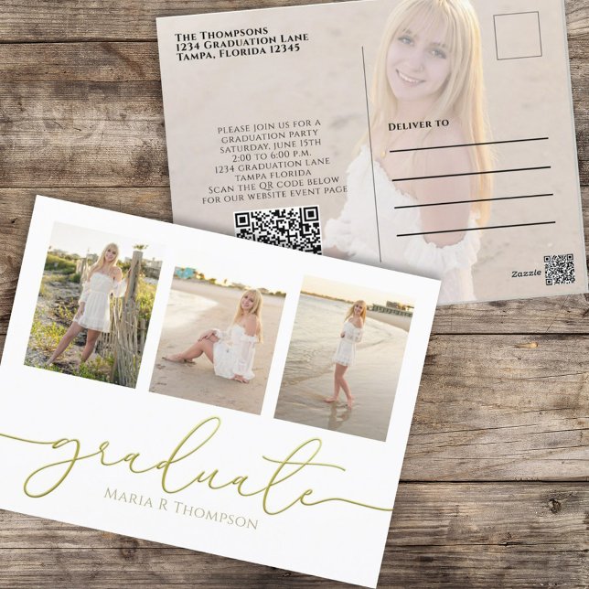 Minimalist Graduate Gold Modern Simple QR Code Postcard (Creator Uploaded)