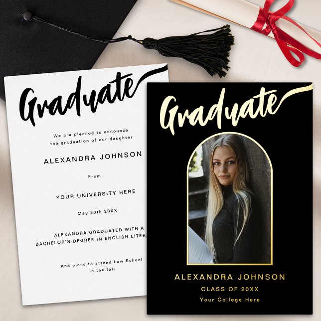 Minimalist Graduate Photo Script Black and Gold (Minimalist graduate photo arch elegant calligraphy black and gold foil Graduation announcement card)