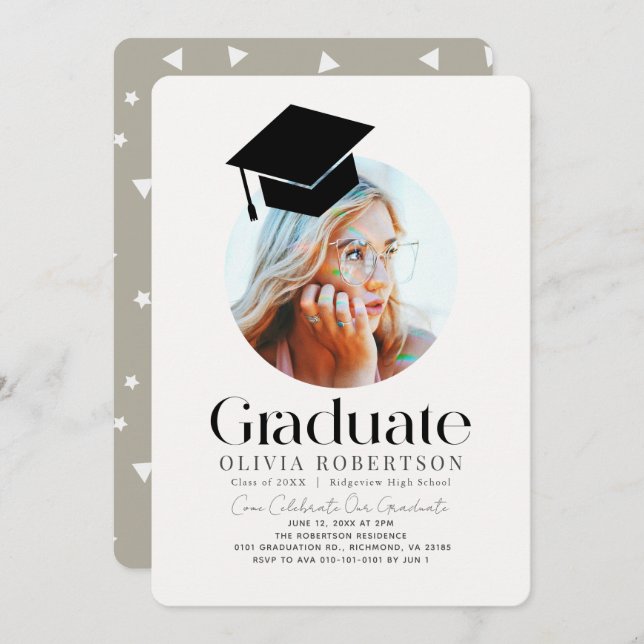 Minimalist Graduation Cap Khaki Photo Invitation (Front/Back)