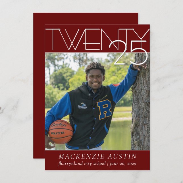 Minimalist Graduation | Dark Red and White Photo Invitation (Front/Back)