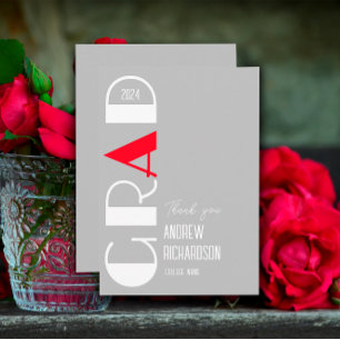 Minimalist graduation grey Red and White Accents Thank You Card