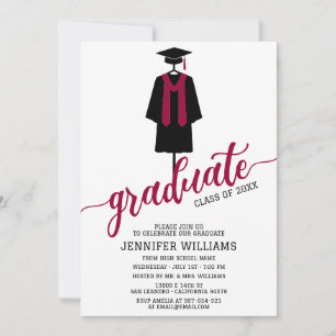 Minimalist Graduation Party Cap & Gown Burgundy Invitation