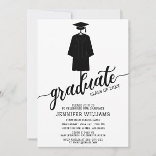 Minimalist Graduation Party with Cap & Gown Black Invitation