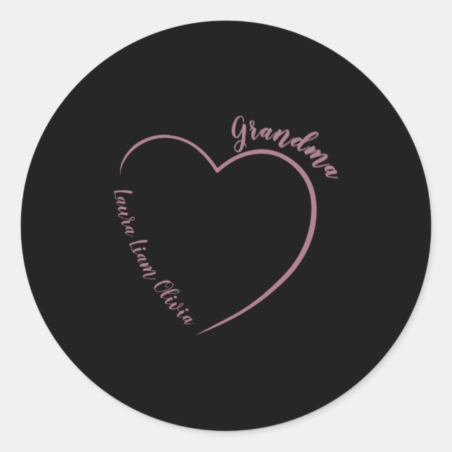 Minimalist Grandma With Grandkids Names And Heart  Classic Round Sticker (Front)