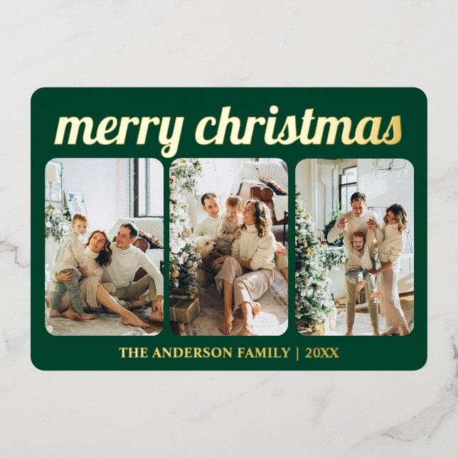 Minimalist Green 3 Photo Merry Christmas Script Foil Holiday Card (Front)