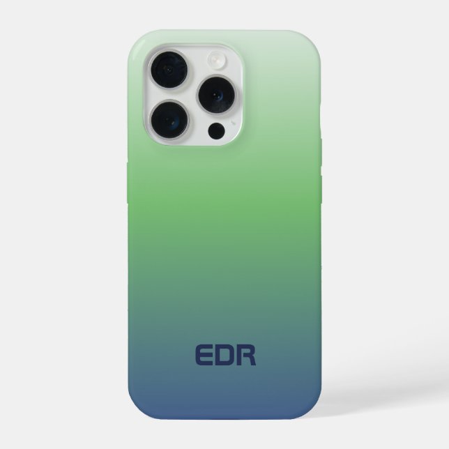 Minimalist Green and Blue Gradient Monogram iPhone Case (Back)