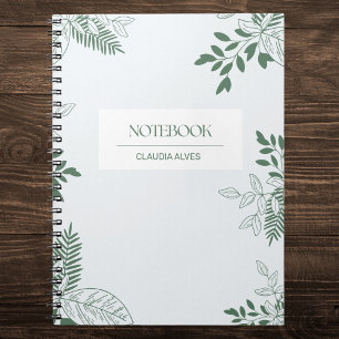 Minimalist Green and White Leaves Personalised Notebook