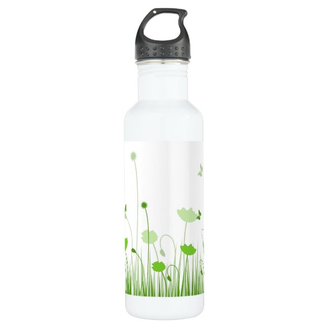 Minimalist Green and White Poppies Meadow Floral 710 Ml Water Bottle (Front)