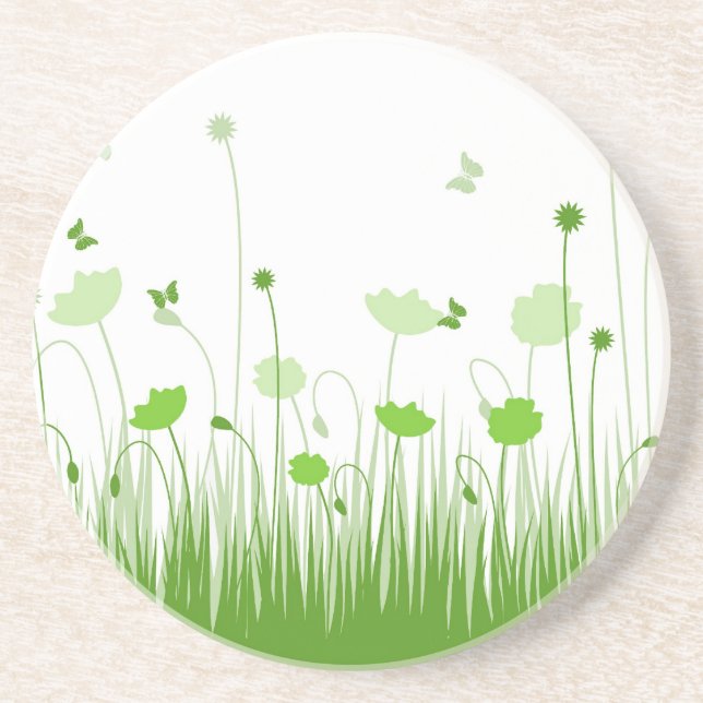 Minimalist Green and White Poppies Meadow Floral Coaster (Front)