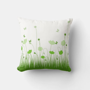 Minimalist Green and White Poppies Meadow Floral Cushion