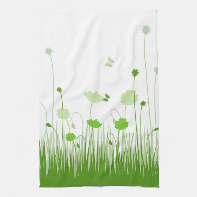 Minimalist Green and White Poppies Meadow Floral Tea Towel (Vertical)