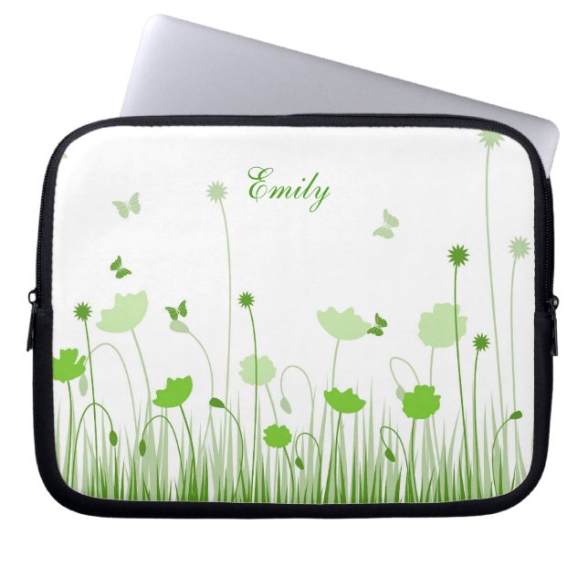Minimalist Green and White Poppies Meadow Name Laptop Sleeve (Front)
