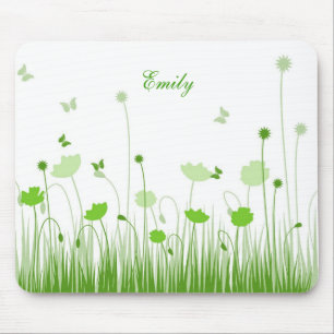 Minimalist Green and White Poppies Meadow Name Mouse Mat