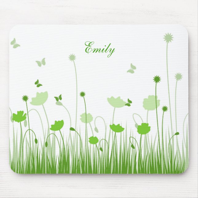 Minimalist Green and White Poppies Meadow Name Mouse Mat (Front)