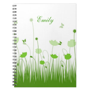 Minimalist Green and White Poppies Meadow Name Notebook