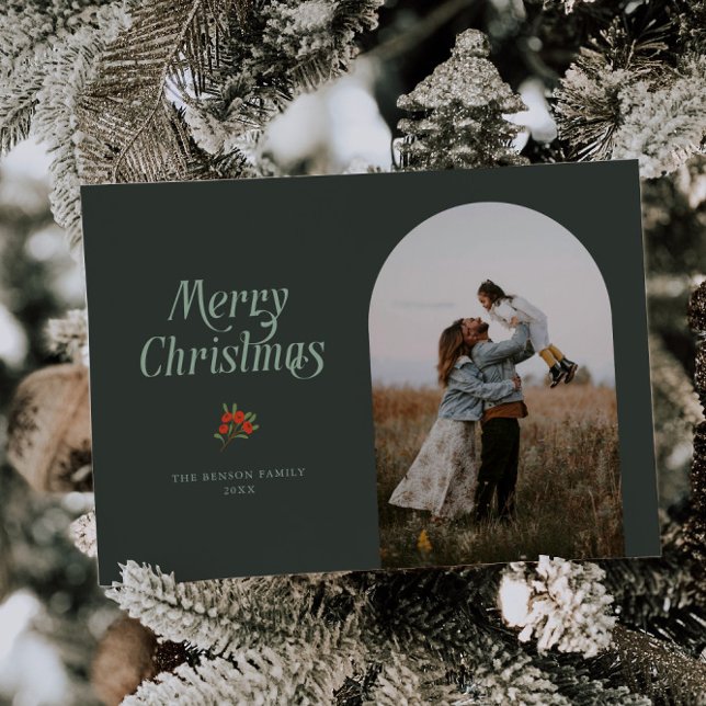 Minimalist Green Arch Merry Christmas Photo Holiday Card (Creator Uploaded)