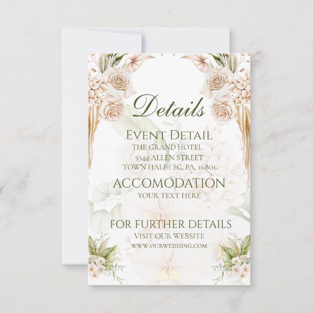 Minimalist Green Beige Floral Wedding Details Card (Front)