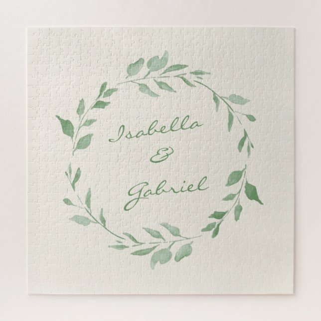 Minimalist Green Botanical Wreath Personalised Jigsaw Puzzle (Vertical)