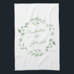 Minimalist Green Botanical Wreath Personalised Tea Towel<br><div class="desc">This stylish kitchen towel features a minimalist botanical watercolor wreath in green. Personalise it with your names. Great gift idea.</div>