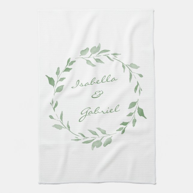 Minimalist Green Botanical Wreath Personalised Tea Towel (Vertical)