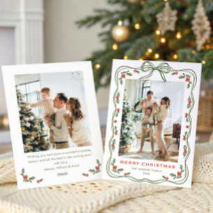 Minimalist Green Christmas Bow Ribbon 2 Photo Holiday Card