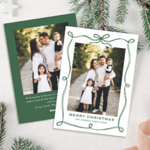 Minimalist Green Christmas Bow Ribbon 2 Photo Holiday Card