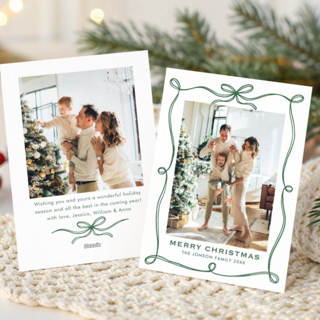 Minimalist Green Christmas Bow Ribbon 2 Photo Holiday Card (Creator Uploaded)