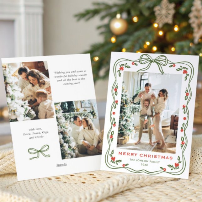 Minimalist Green Christmas Bow Ribbon 3 Photo Holiday Card (Creator Uploaded)