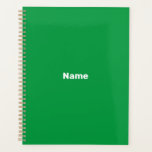 Minimalist green custom name text monogram year planner<br><div class="desc">Minimalist green custom name,  text,  monogram, initials or year personalised Planner.
Custom white text on green plain solid colour background.</div>