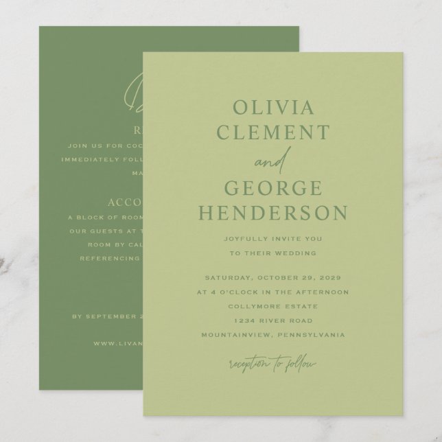 Minimalist Green Double-Sided Wedding Invitation (Front/Back)