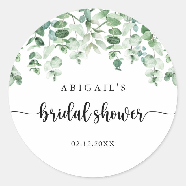 Minimalist Green Eucalyptus Bridal Shower Favour   Classic Round Sticker (Front)