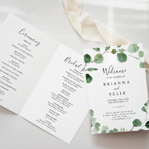 Minimalist Green Eucalyptus Folded Wedding Program Programme