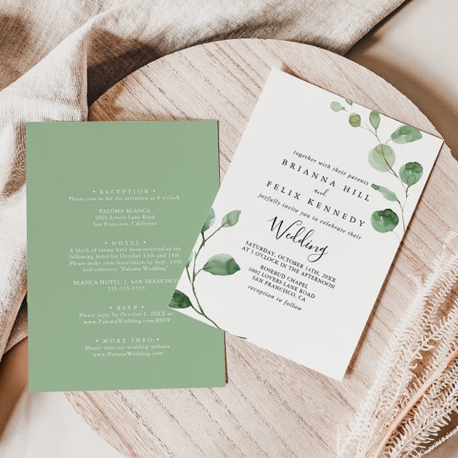 Minimalist Green Eucalyptus Front & Back Wedding  Invitation (Creator Uploaded)