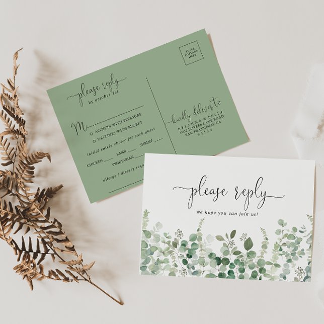 Minimalist Green Eucalyptus Menu Choice RSVP  Postcard (Creator Uploaded)