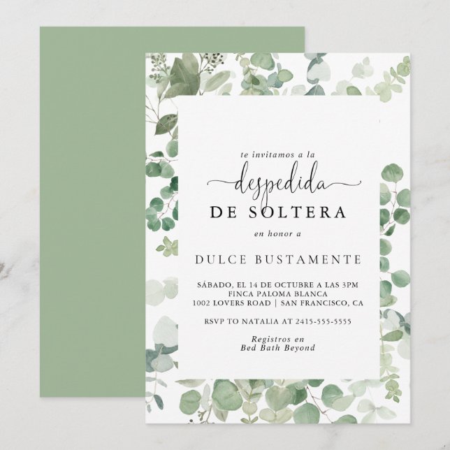 Minimalist Green Eucalyptus Spanish Bridal Shower  Invitation (Front/Back)