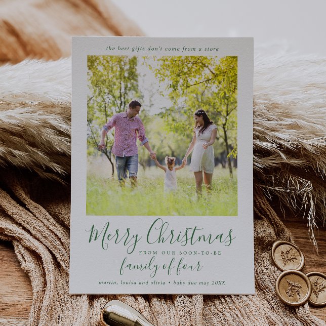 Minimalist Green Family of Four Pregnancy Photo Holiday Card (Creator Uploaded)