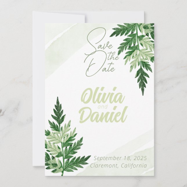 Minimalist Green Fern Wedding Save the Date Card (Front)