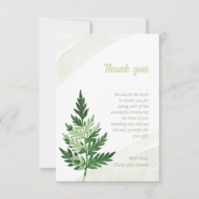 Minimalist Green Fern Wedding Thank You Card (Front)