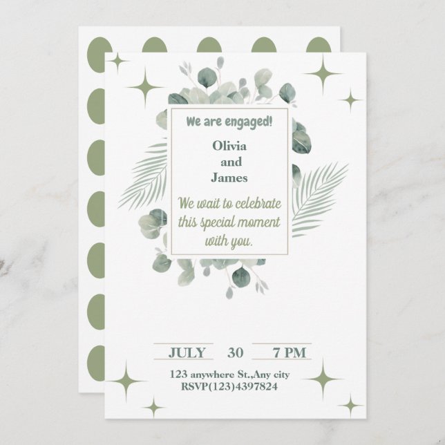 Minimalist Green floral Engagement Invitation (Front/Back)