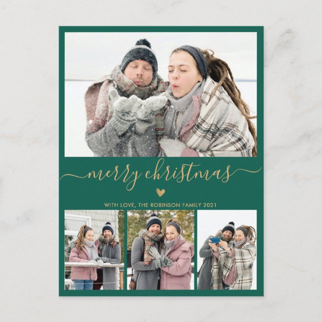 Minimalist Green Gold 4 Photo Collage Christmas Postcard (Front)