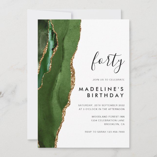 Minimalist Green Gold Agate Geode 40th Birthday Invitation (Front)