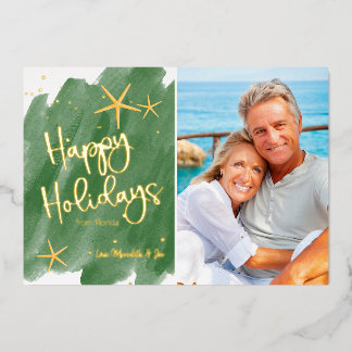 Minimalist Green & Gold Beach Watercolor Tropical Foil Holiday Card